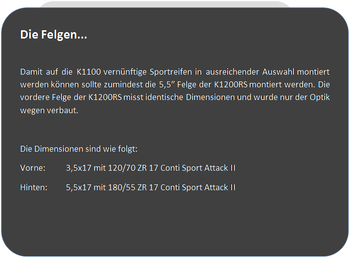 Abgerundetes Rechteck: Die Felgen...

Damit auf die K1100 vern�nftige Sportreifen in ausreichender Auswahl montiert werden k�nnen sollte zumindest die 5,5� Felge der K1200RS montiert werden. Die vordere Felge der K1200RS misst identische Dimensionen und wurde nur der Optik wegen verbaut.

Die Dimensionen sind wie folgt:
Vorne:	3,5x17 mit 120/70 ZR 17 Conti Sport Attack II
Hinten:	5,5x17 mit 180/55 ZR 17 Conti Sport Attack II



 
