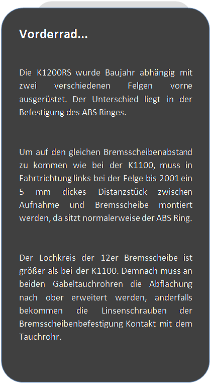 Abgerundetes Rechteck: Vorderrad...

Die K1200RS wurde Baujahr abh�ngig mit zwei verschiedenen Felgen vorne ausger�stet. Der Unterschied liegt in der Befestigung des ABS Ringes.

Um auf den gleichen Bremsscheibenabstand zu kommen wie bei der K1100, muss in Fahrtrichtung links bei der Felge bis 2001 ein 5 mm dickes Distanzst�ck zwischen Aufnahme und Bremsscheibe montiert werden, da sitzt normalerweise der ABS Ring.

Der Lochkreis der 12er Bremsscheibe ist gr��er als bei der K1100. Demnach muss an beiden Gabeltauchrohren die Abflachung nach ober erweitert werden, anderfalls bekommen die Linsenschrauben der Bremsscheibenbefestigung Kontakt mit dem Tauchrohr.





 
