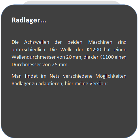 Abgerundetes Rechteck: Radlager...

Die Achswellen der beiden Maschinen sind unterschiedlich. Die Welle der K1200 hat einen Wellendurchmesser von 20 mm, die der K1100 einen Durchmesser von 25 mm.
Man findet im Netz verschiedene M�glichkeiten Radlager zu adaptieren, hier meine Version:






 
