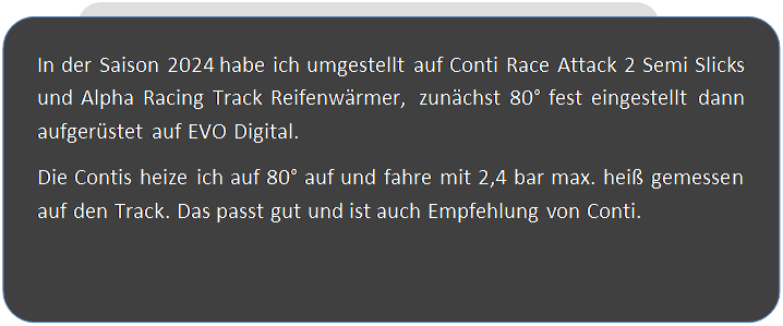 Abgerundetes Rechteck: In der Saison 2024 habe ich umgestellt auf Conti Race Attack 2 Semi Slicks und Alpha Racing Track Reifenw�rmer, zun�chst 80� fest eingestellt dann aufger�stet auf EVO Digital.
Die Contis heize ich auf 80� auf und fahre mit 2,4 bar max. hei� gemessen auf den Track. Das passt gut und ist auch Empfehlung von Conti.



 
